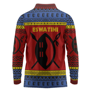 Eswatini Flag Long Sleeve Polo Shirt Nguni Shield Spear Pattern