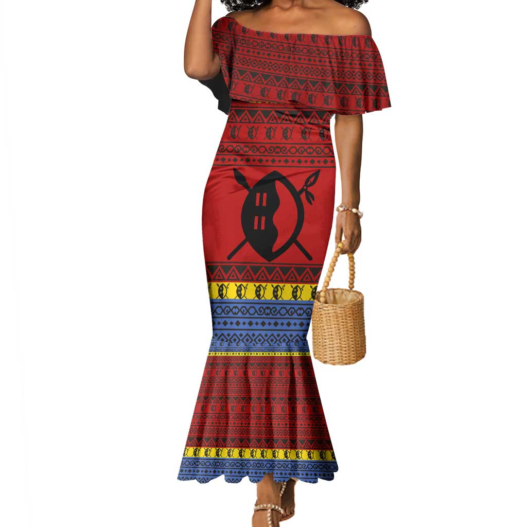Eswatini Flag Mermaid Dress Nguni Shield Spear Pattern