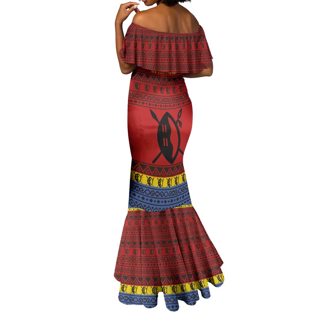 Eswatini Flag Mermaid Dress Nguni Shield Spear Pattern