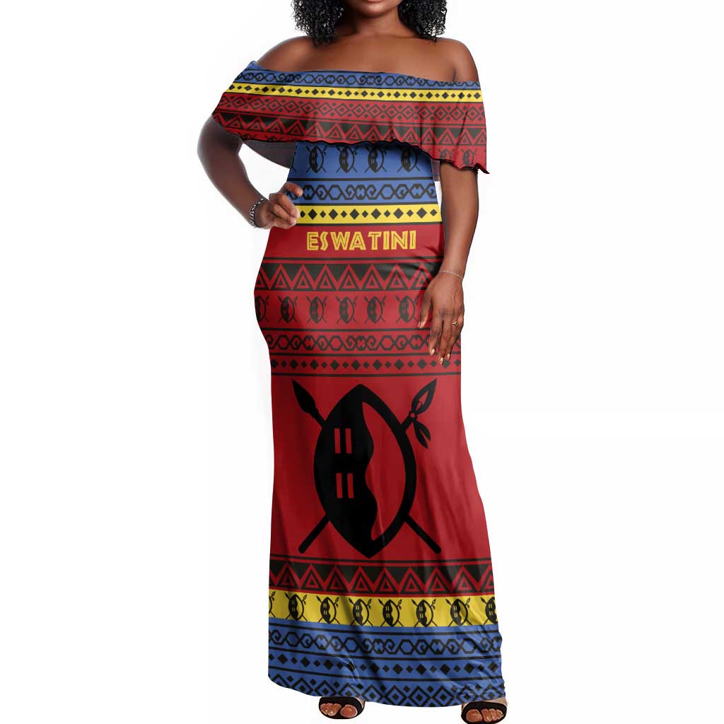 Eswatini Flag Off Shoulder Maxi Dress Nguni Shield Spear Pattern
