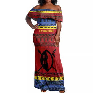 Eswatini Flag Off Shoulder Maxi Dress Nguni Shield Spear Pattern