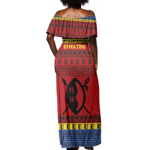 Eswatini Flag Off Shoulder Maxi Dress Nguni Shield Spear Pattern
