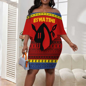 Eswatini Flag Off Shoulder Short Dress Nguni Shield Spear Pattern