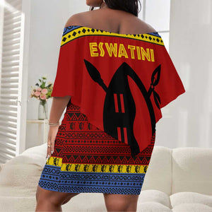 Eswatini Flag Off Shoulder Short Dress Nguni Shield Spear Pattern