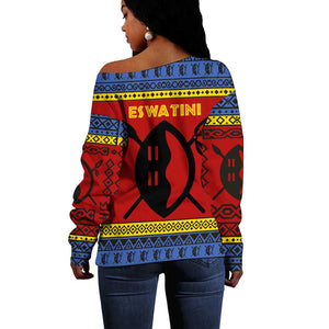 Eswatini Flag Off Shoulder Sweater Nguni Shield Spear Pattern