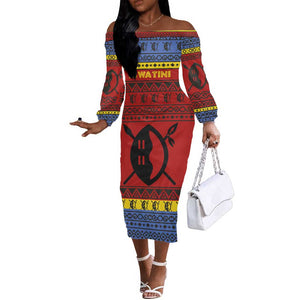 Eswatini Flag Off The Shoulder Long Sleeve Dress Nguni Shield Spear Pattern