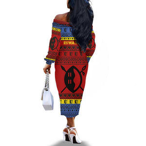 Eswatini Flag Off The Shoulder Long Sleeve Dress Nguni Shield Spear Pattern