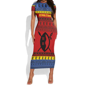 Eswatini Flag Short Sleeve Bodycon Dress Nguni Shield Spear Pattern