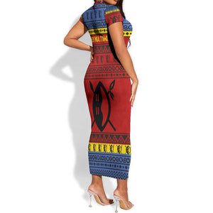 Eswatini Flag Short Sleeve Bodycon Dress Nguni Shield Spear Pattern
