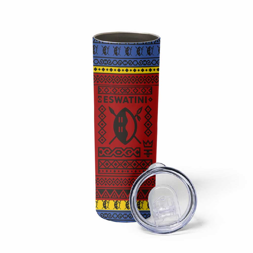 Eswatini Flag Skinny Tumbler Nguni Shield Spear Pattern