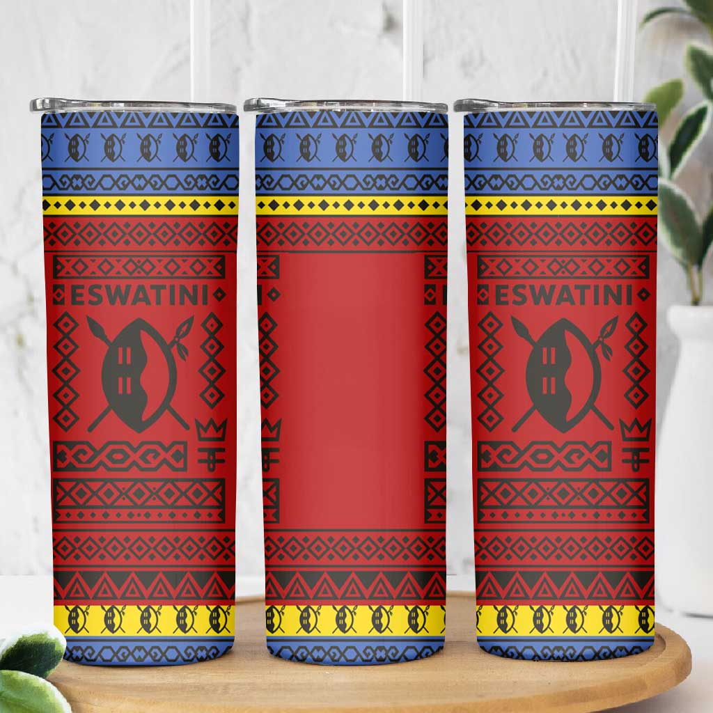 Eswatini Flag Skinny Tumbler Nguni Shield Spear Pattern