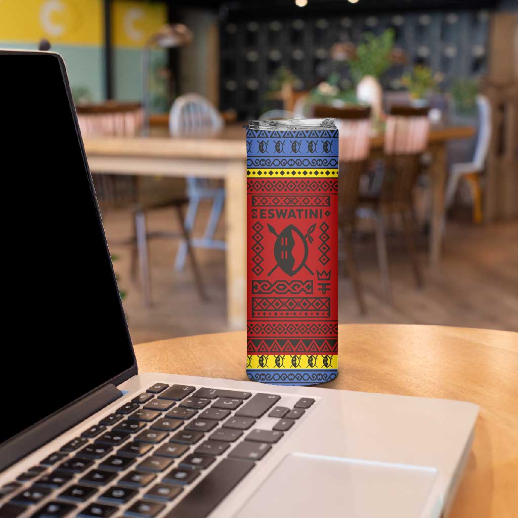 Eswatini Flag Skinny Tumbler Nguni Shield Spear Pattern