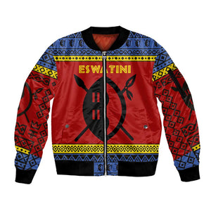 Eswatini Flag Sleeve Zip Bomber Jacket Nguni Shield Spear Pattern