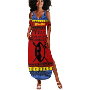 Eswatini Flag Summer Maxi Dress Nguni Shield Spear Pattern