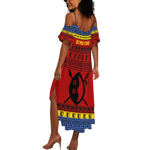 Eswatini Flag Summer Maxi Dress Nguni Shield Spear Pattern