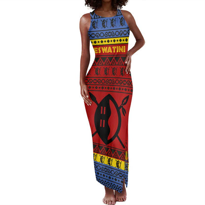 Eswatini Flag Tank Maxi Dress Nguni Shield Spear Pattern