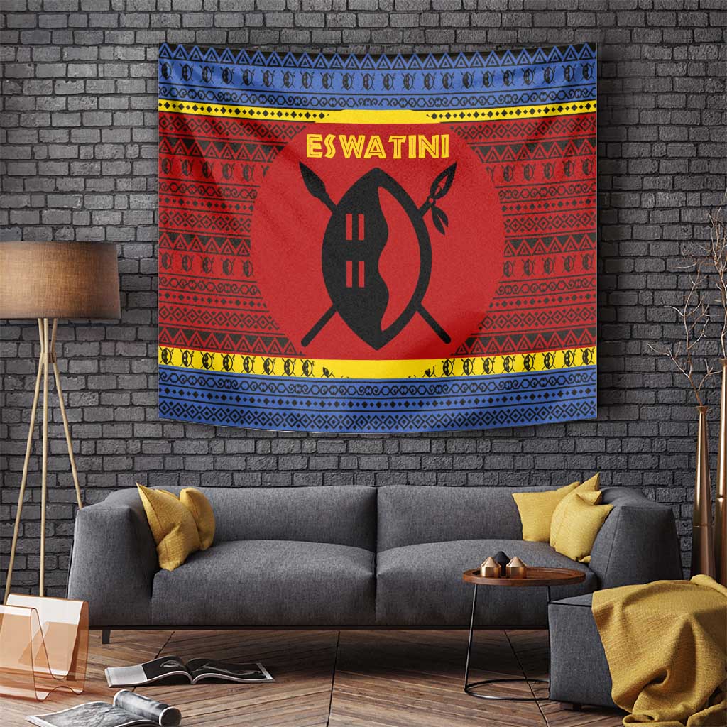 Eswatini Flag Tapestry Nguni Shield Spear Pattern