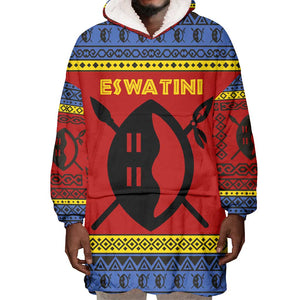 Eswatini Flag Wearable Blanket Hoodie Nguni Shield Spear Pattern