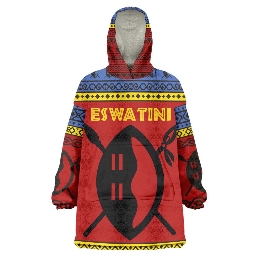 Eswatini Flag Wearable Blanket Hoodie Nguni Shield Spear Pattern