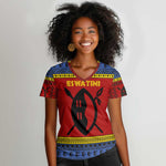 Eswatini Flag Women V-Neck T-Shirt Nguni Shield Spear Pattern