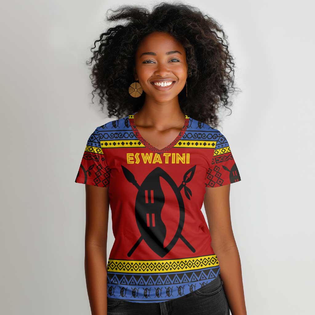 Eswatini Flag Women V-Neck T-Shirt Nguni Shield Spear Pattern