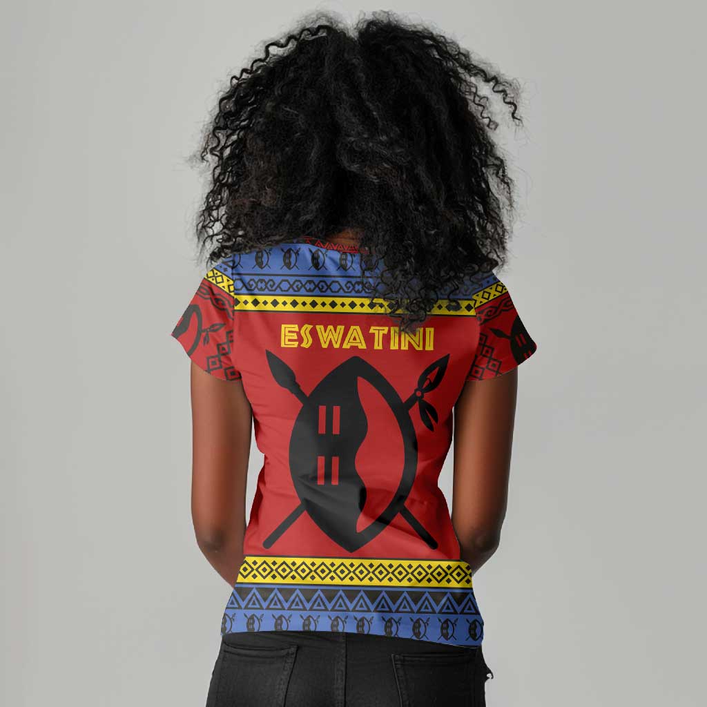 Eswatini Flag Women V-Neck T-Shirt Nguni Shield Spear Pattern