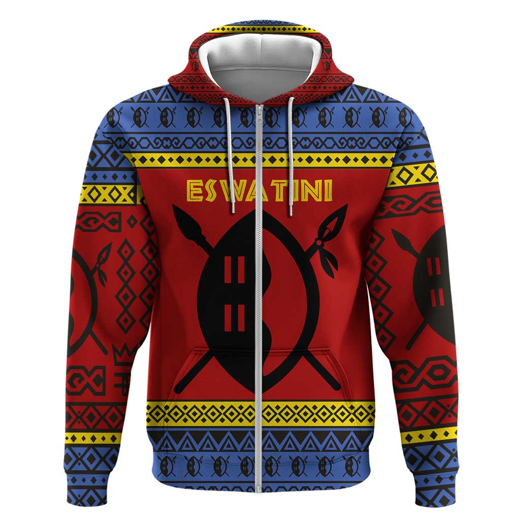 Eswatini Flag Zip Hoodie Nguni Shield Spear Pattern