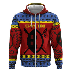 Eswatini Flag Zip Hoodie Nguni Shield Spear Pattern