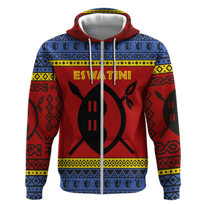 Eswatini Flag Zip Hoodie Nguni Shield Spear Pattern