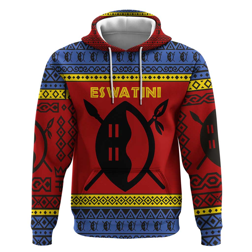 Eswatini Flag Zip Hoodie Nguni Shield Spear Pattern