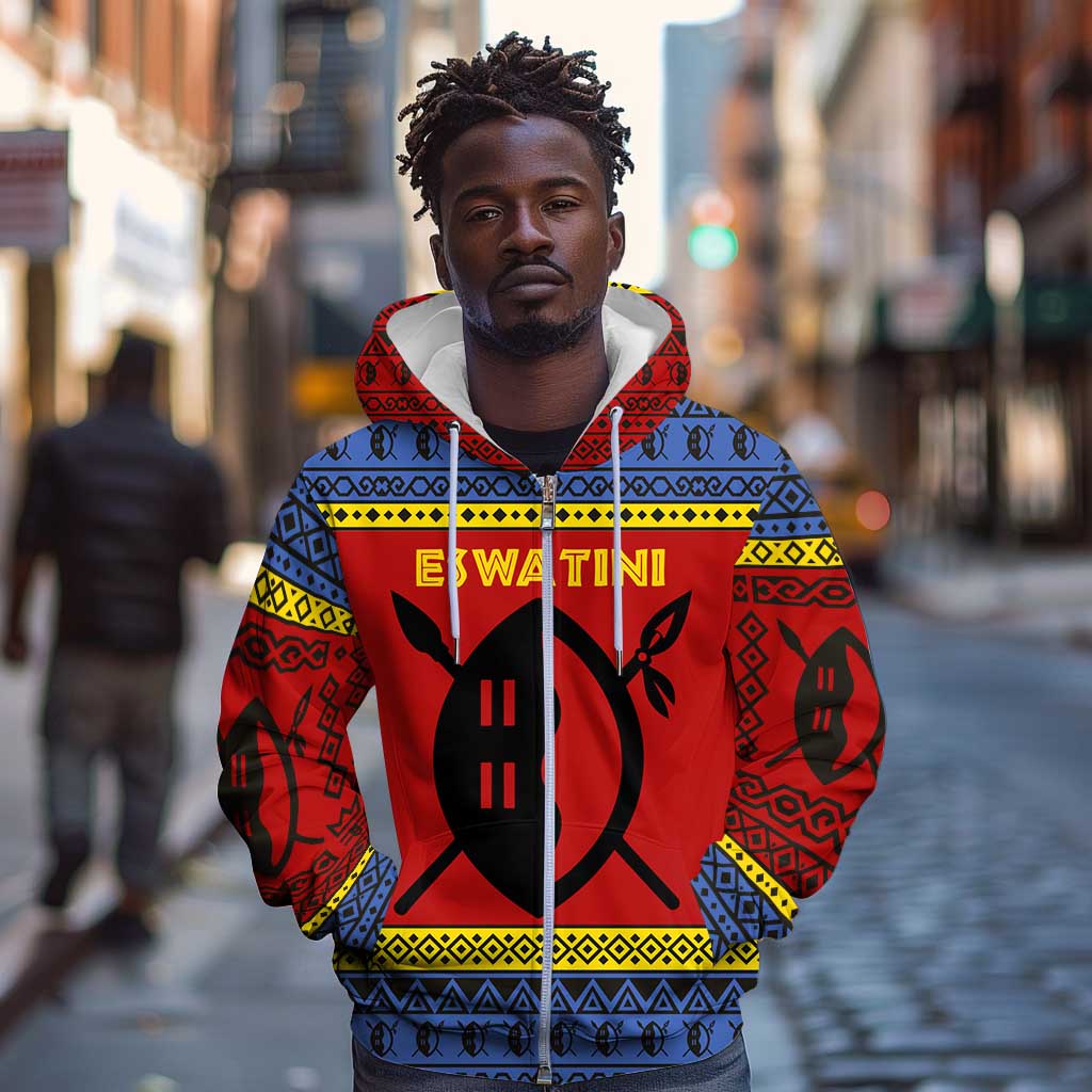 Eswatini Flag Zip Hoodie Nguni Shield Spear Pattern