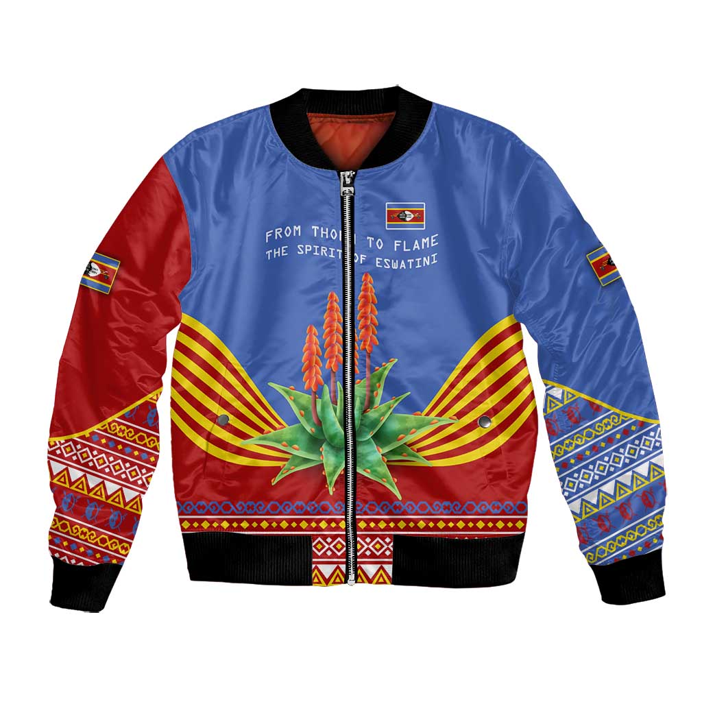 Aloe Vera Eswatini Bomber Jacket Flag Print and Cultural Motif From Thorn to Flame