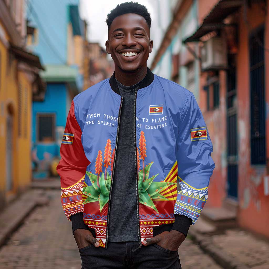 Aloe Vera Eswatini Bomber Jacket Flag Print and Cultural Motif From Thorn to Flame