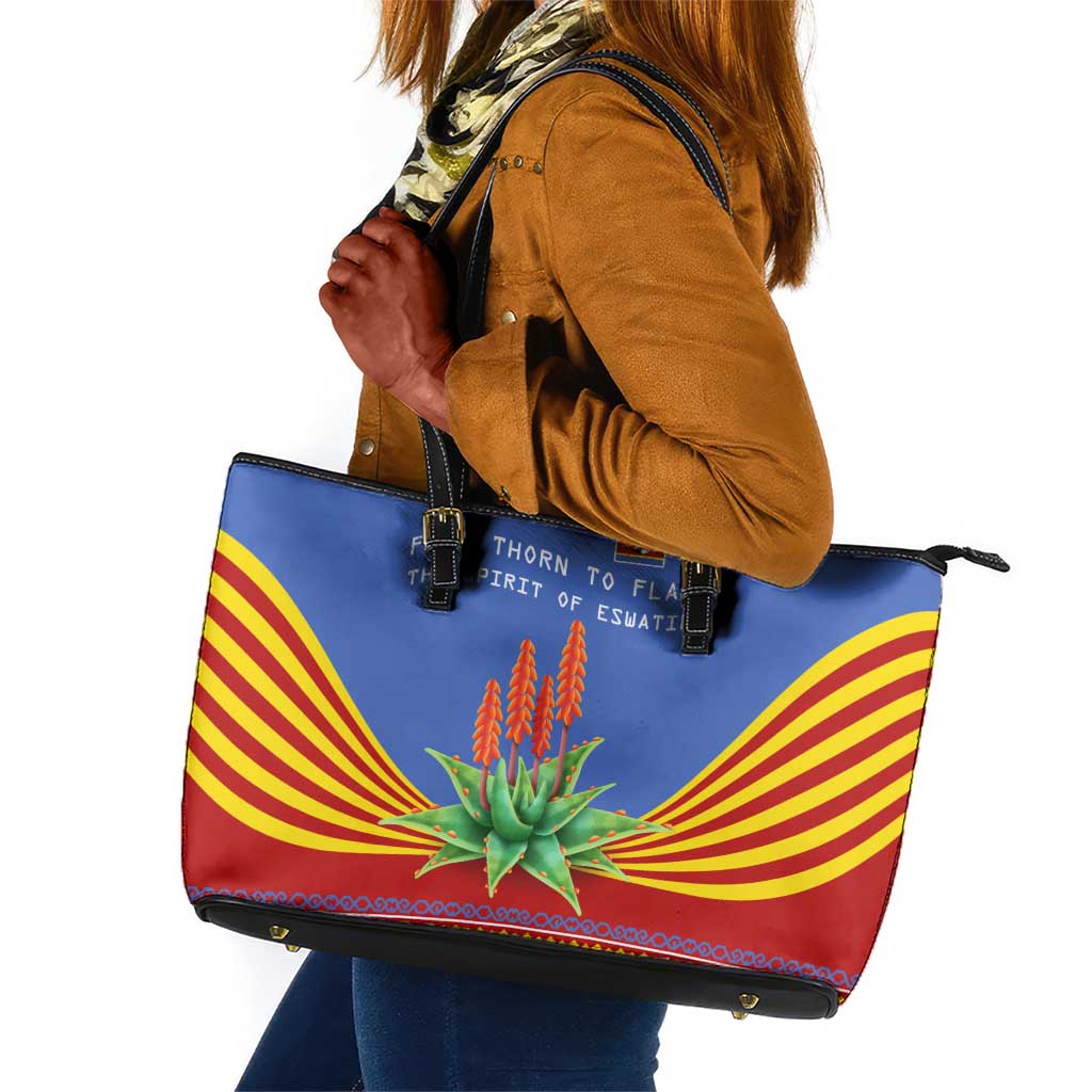 Aloe Vera Eswatini Leather Tote Bag Flag Print and Cultural Motif From Thorn to Flame