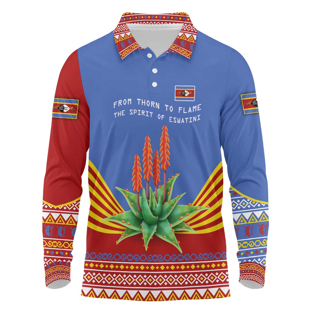 Aloe Vera Eswatini Long Sleeve Polo Shirt Flag Print and Cultural Motif From Thorn to Flame