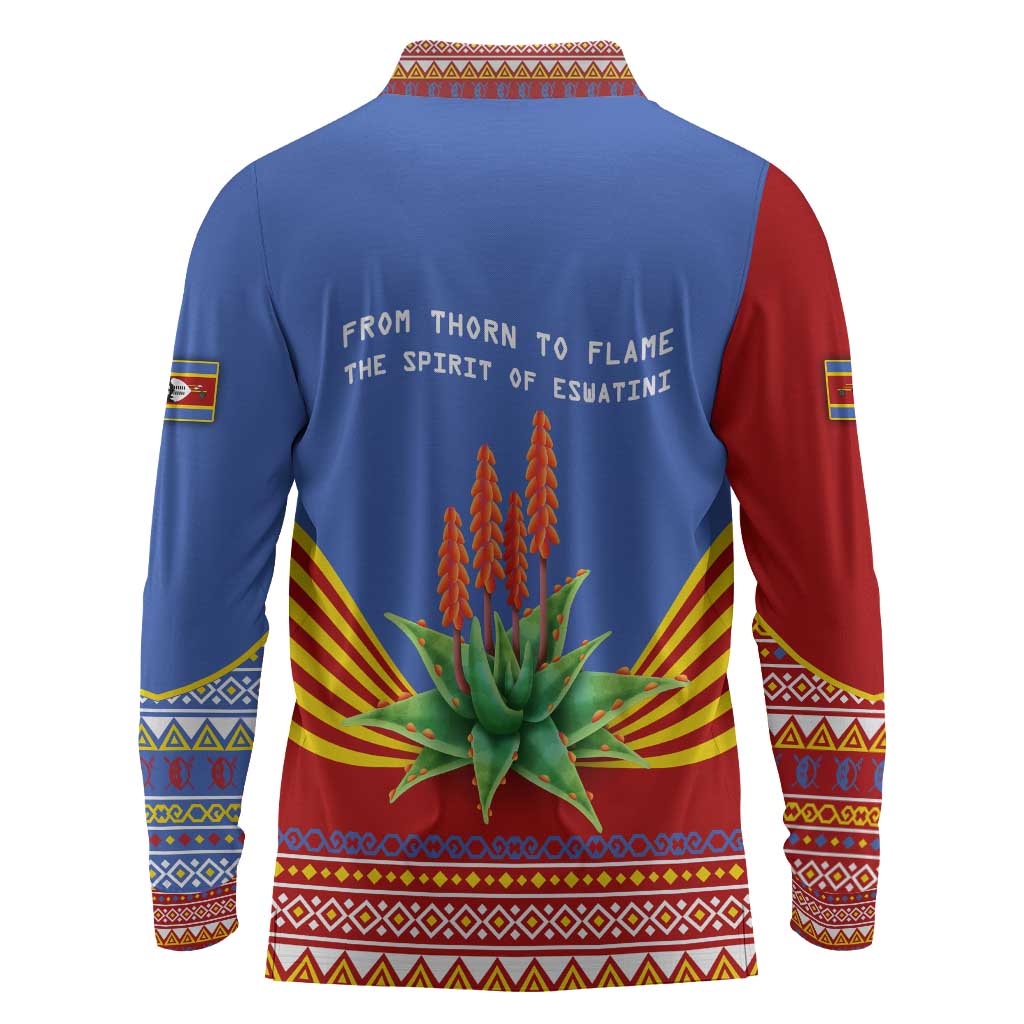 Aloe Vera Eswatini Long Sleeve Polo Shirt Flag Print and Cultural Motif From Thorn to Flame