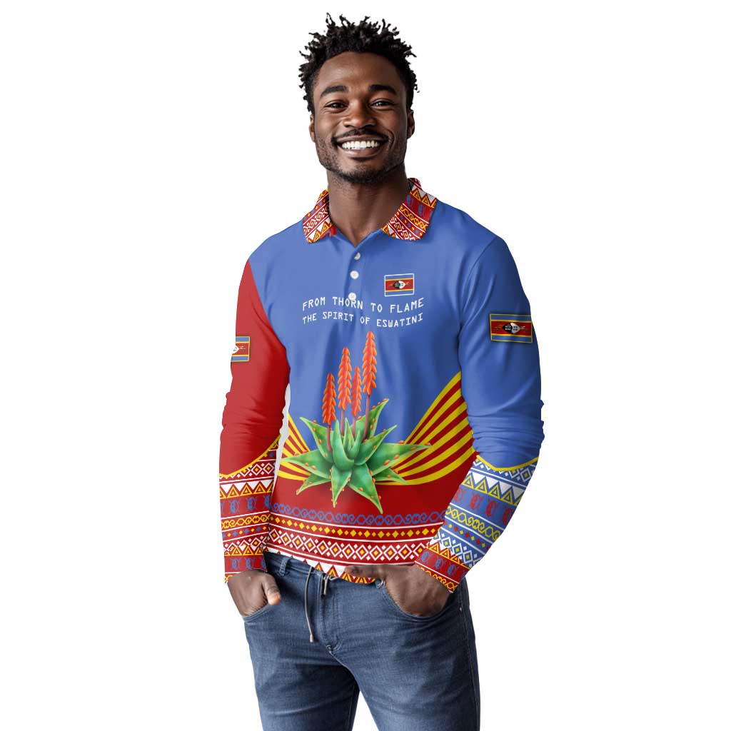 Aloe Vera Eswatini Long Sleeve Polo Shirt Flag Print and Cultural Motif From Thorn to Flame