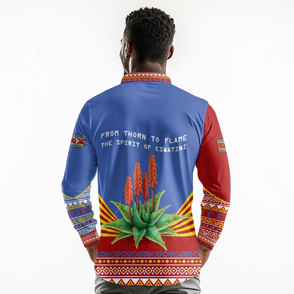 Aloe Vera Eswatini Long Sleeve Polo Shirt Flag Print and Cultural Motif From Thorn to Flame
