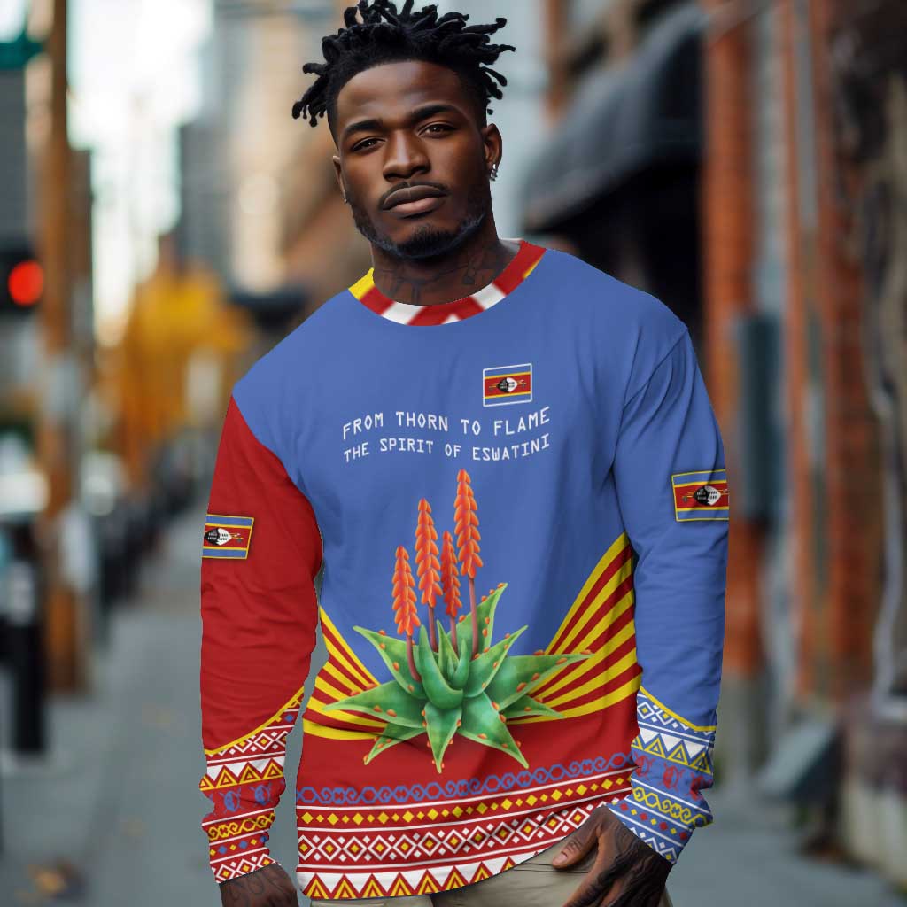 Aloe Vera Eswatini Long Sleeve Shirt Flag Print and Cultural Motif From Thorn to Flame