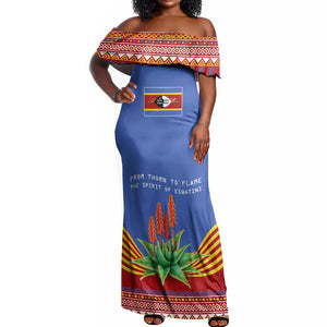 Aloe Vera Eswatini Off Shoulder Maxi Dress Flag Print and Cultural Motif From Thorn to Flame