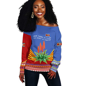 Aloe Vera Eswatini Off Shoulder Sweater Flag Print and Cultural Motif From Thorn to Flame