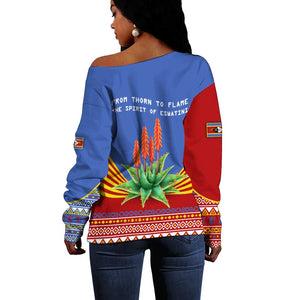 Aloe Vera Eswatini Off Shoulder Sweater Flag Print and Cultural Motif From Thorn to Flame