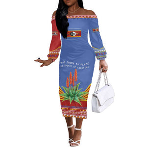 Aloe Vera Eswatini Off The Shoulder Long Sleeve Dress Flag Print and Cultural Motif From Thorn to Flame