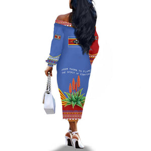 Aloe Vera Eswatini Off The Shoulder Long Sleeve Dress Flag Print and Cultural Motif From Thorn to Flame