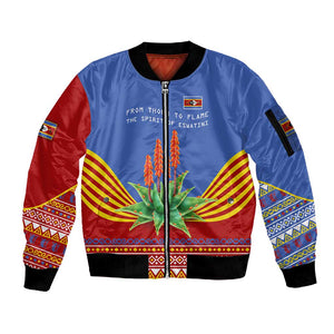 Aloe Vera Eswatini Sleeve Zip Bomber Jacket Flag Print and Cultural Motif From Thorn to Flame