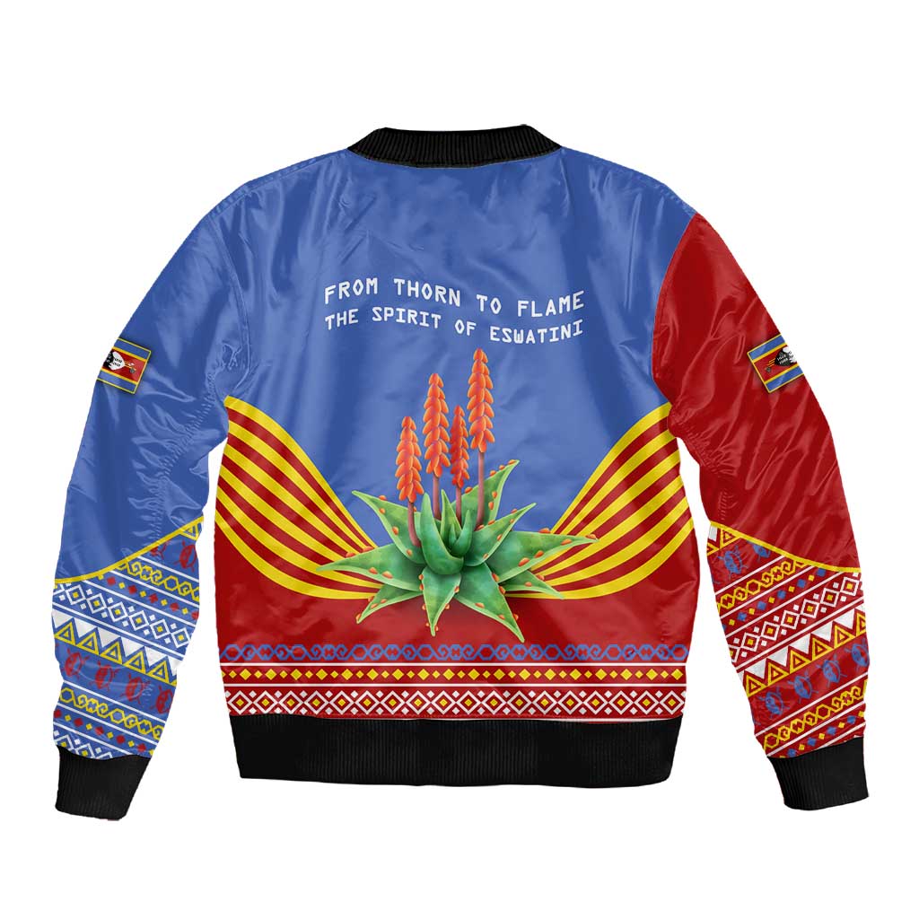 Aloe Vera Eswatini Sleeve Zip Bomber Jacket Flag Print and Cultural Motif From Thorn to Flame