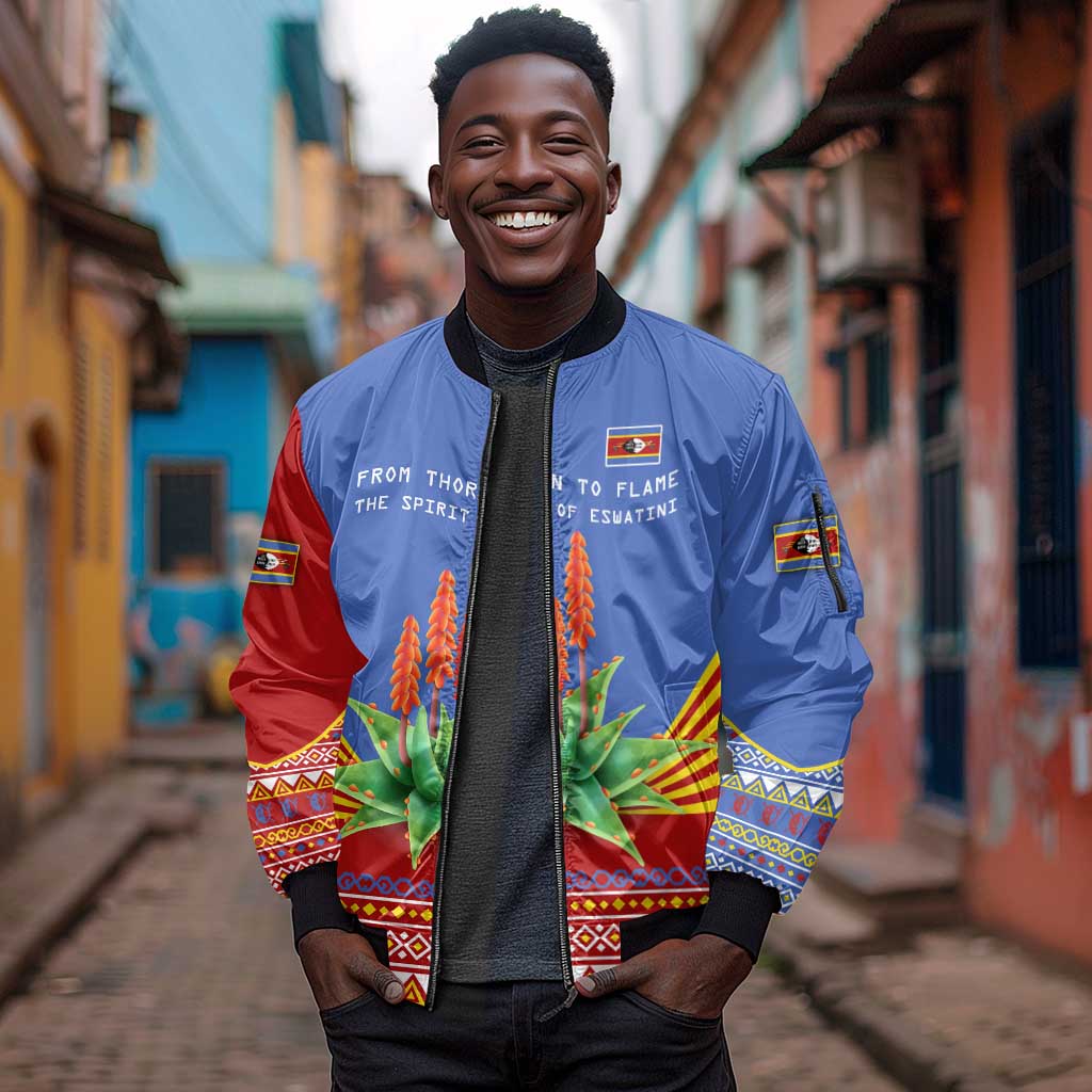 Aloe Vera Eswatini Sleeve Zip Bomber Jacket Flag Print and Cultural Motif From Thorn to Flame