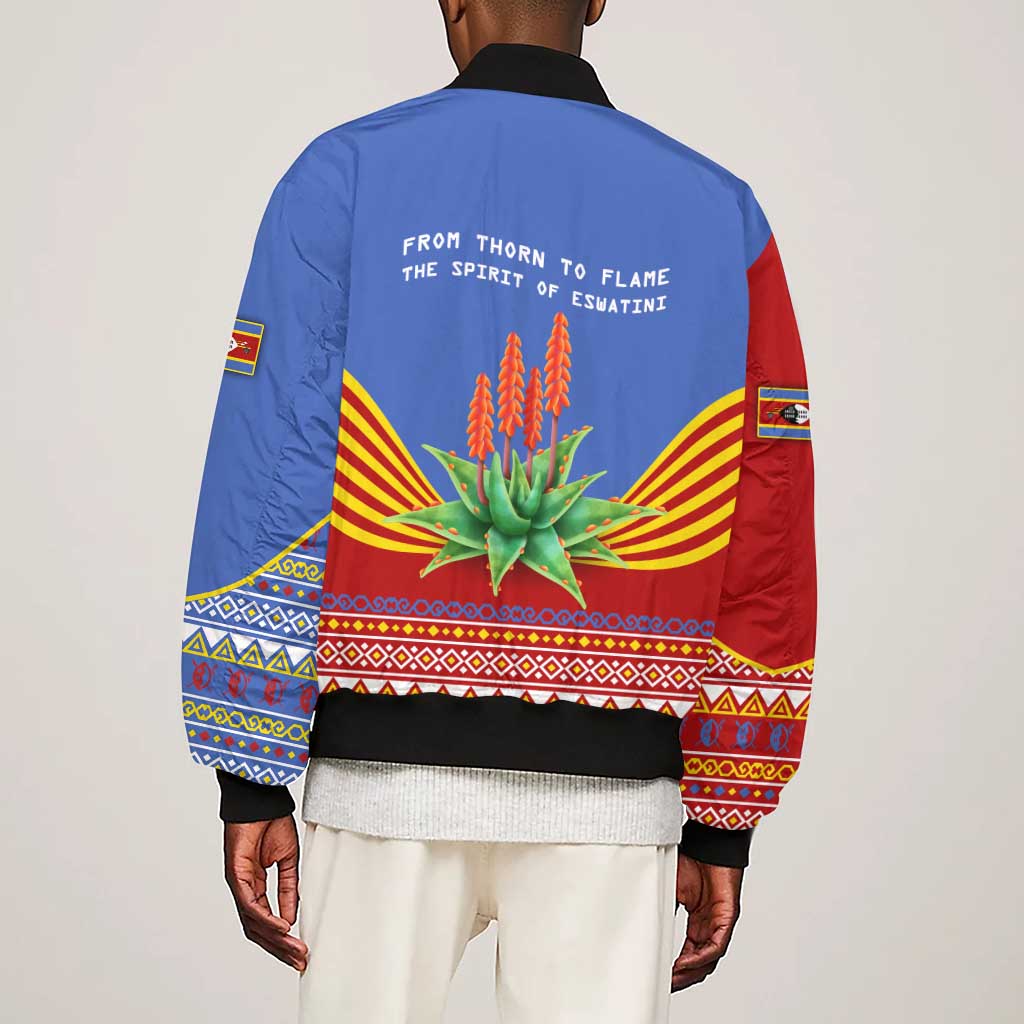 Aloe Vera Eswatini Sleeve Zip Bomber Jacket Flag Print and Cultural Motif From Thorn to Flame