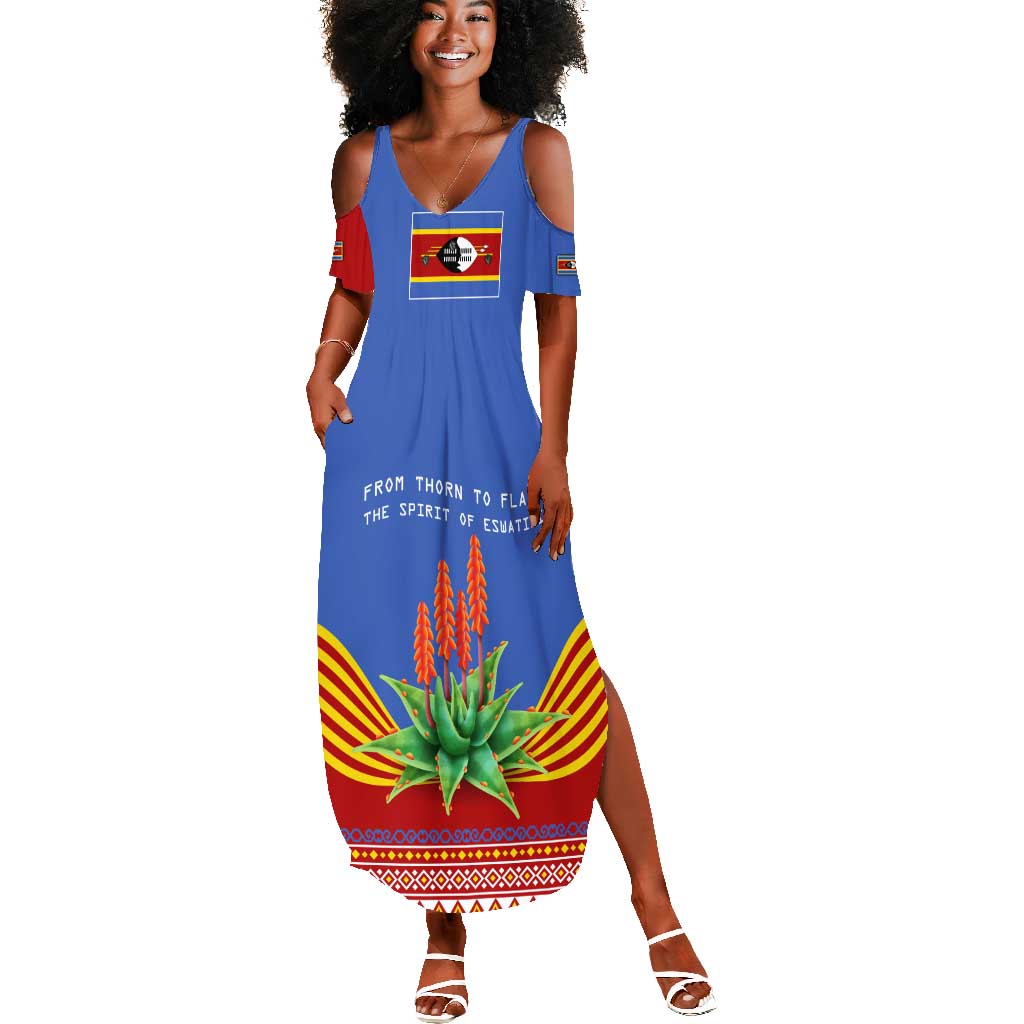 Aloe Vera Eswatini Summer Maxi Dress Flag Print and Cultural Motif From Thorn to Flame