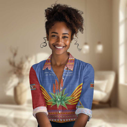 Aloe Vera Eswatini Women Casual Shirt Flag Print and Cultural Motif From Thorn to Flame
